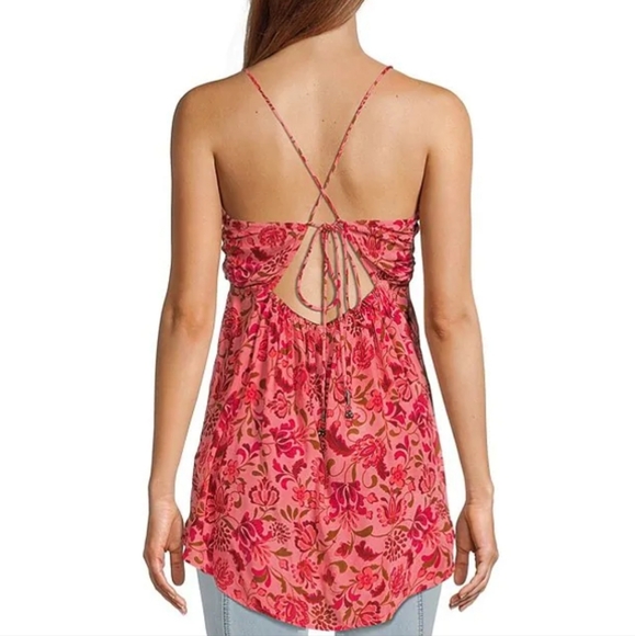 FREE PEOPLE Pixie Floral Print Plunging V-Neck Sleeveless Tie Open Back Tunic - Picture 2 of 6